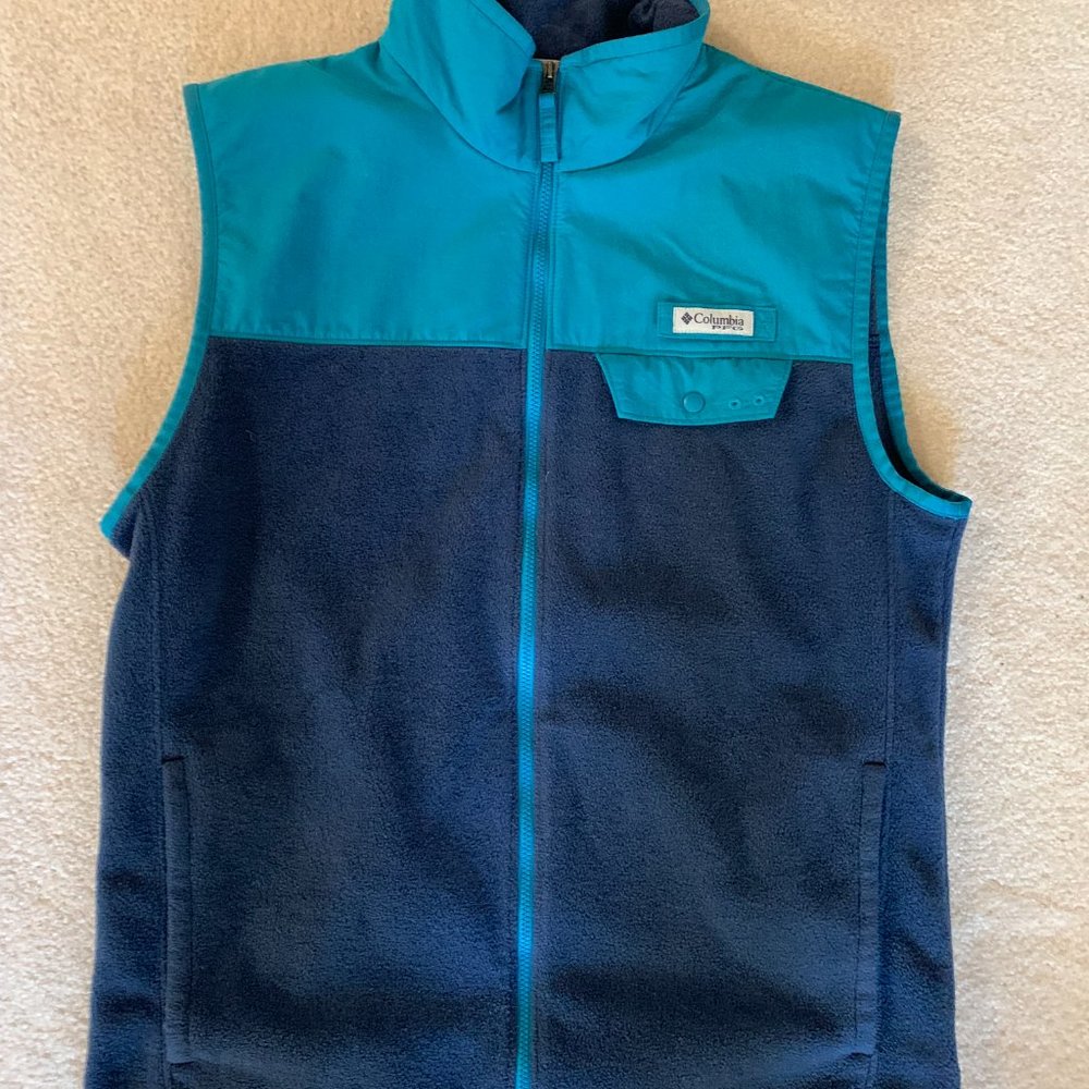 COLUMBIA PFG FLEECE VEST BLUE COLOR BLOCK NAVY TEAL MEDIUM M EXCELLENT+++